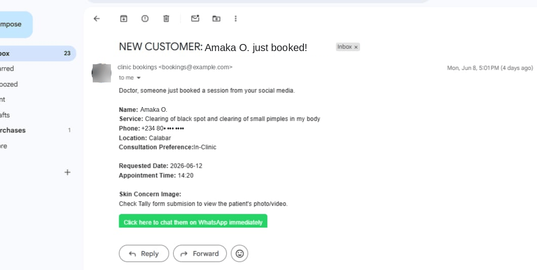 The booking email the doctor receives, with the patient's details, a link to their photo and a one click WhatsApp button.