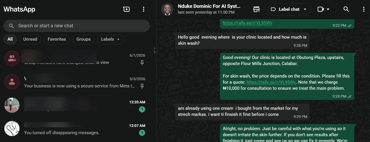 The assistant replying on the clinic's WhatsApp with the clinic address, the consultation fee and a link to the booking form.